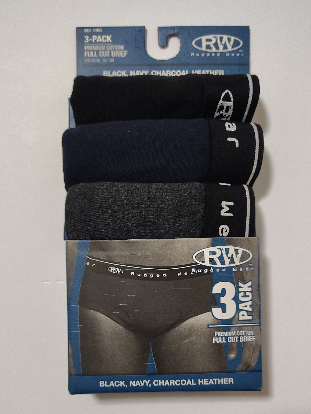 RW Cotton Men's Briefs - 3 Pack Black, Navy & Charcoal Heather - Size 32-34